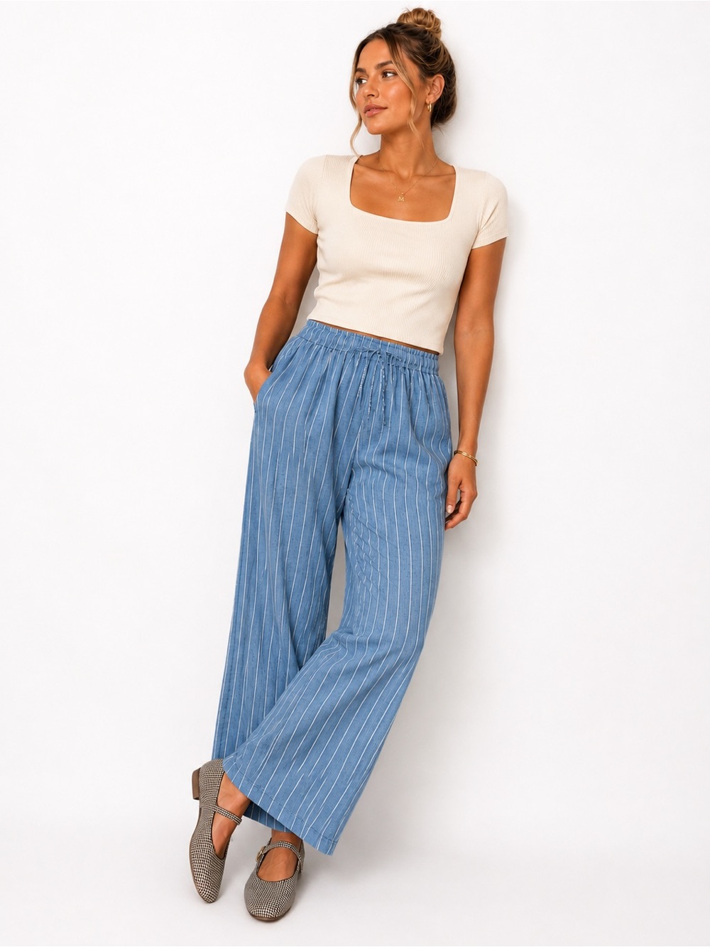 STR Teen Blue White Striped Wide Leg Drawstring Pants Coastal size M